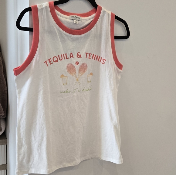 Wildfox Tops - Wildfox White Tank with Coral Trim and Tequila & Tennis Graphic